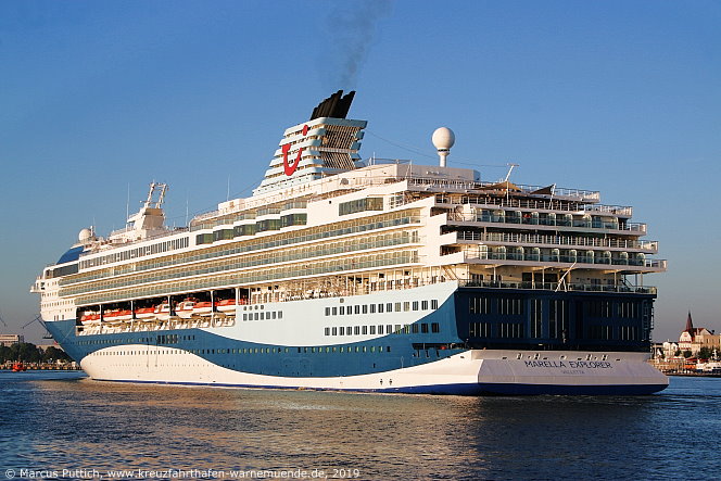 Das Kreuzfahrtschiff MARELLA EXPLORER am 24. Juli 2019 im Kreuzfahrthafen Warnemünde in der Hansestadt Rostock.