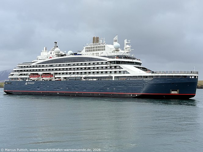 Das Kreuzfahrtschiff LE COMMANDANT CHARCOT von der Kreuzfahrtreederei Compagnie du Ponant am 27. Mai 2026 in Reykjavik (Island).