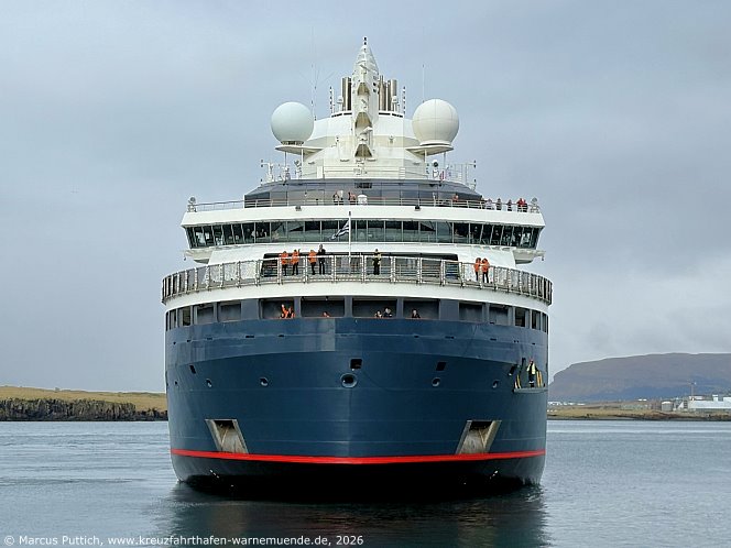 Das Kreuzfahrtschiff LE COMMANDANT CHARCOT von der Kreuzfahrtreederei Compagnie du Ponant am 27. Mai 2026 in Reykjavik (Island).