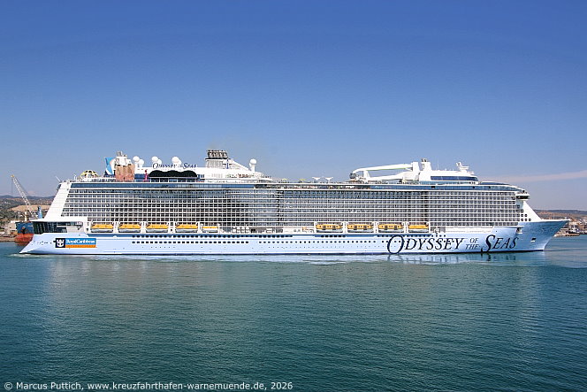 Das Kreuzfahrtschiff ODYSSEY OF THE SEAS von der Kreuzfahrtreederei Royal Caribbean International am 26. Juni 2026 in Civitavecchia (Italien).