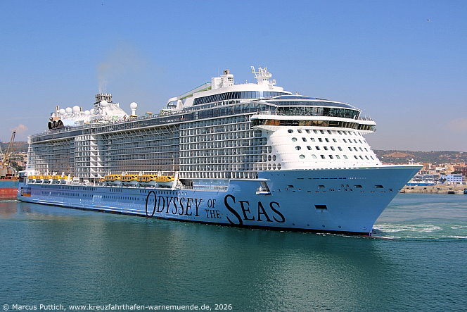 Das Kreuzfahrtschiff ODYSSEY OF THE SEAS von der Kreuzfahrtreederei Royal Caribbean International am 26. Juni 2026 in Civitavecchia (Italien).