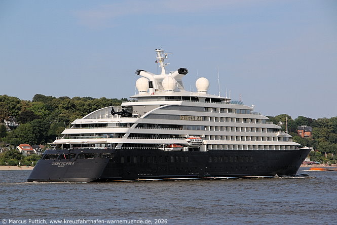 Das Kreuzfahrtschiff SCENIC ECLIPSE II von der Kreuzfahrtreederei Scenic Luxury Cruises & Tours am 03. August 2026 in Hamburg (Deutschland).