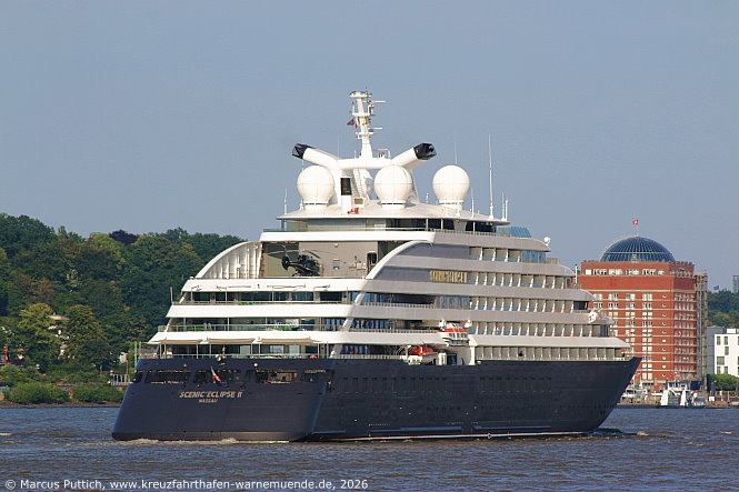 Das Kreuzfahrtschiff SCENIC ECLIPSE II von der Kreuzfahrtreederei Scenic Luxury Cruises & Tours am 03. August 2026 in Hamburg (Deutschland).