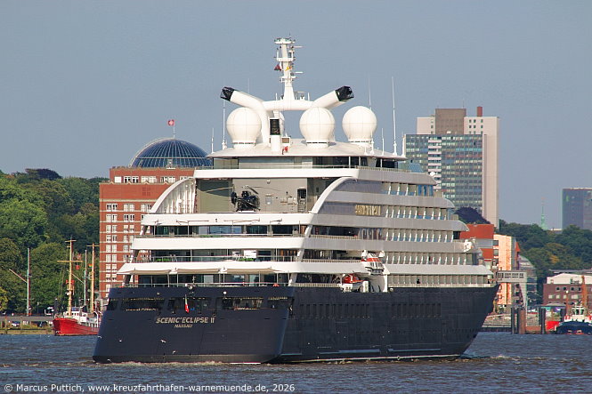 Das Kreuzfahrtschiff SCENIC ECLIPSE II von der Kreuzfahrtreederei Scenic Luxury Cruises & Tours am 03. August 2026 in Hamburg (Deutschland).