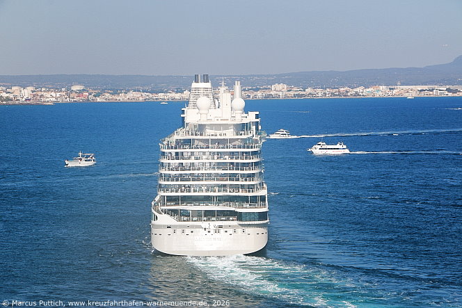 Das Kreuzfahrtschiff SILVER RAY von der Kreuzfahrtreederei Silversea Cruises<BR>am 26. Juni 2026 in Palma auf der Insel Mallorca (Spanien).